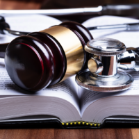 A wooden gavel and a metal stethoscope lying side by side on an open book with visible text on the pages.