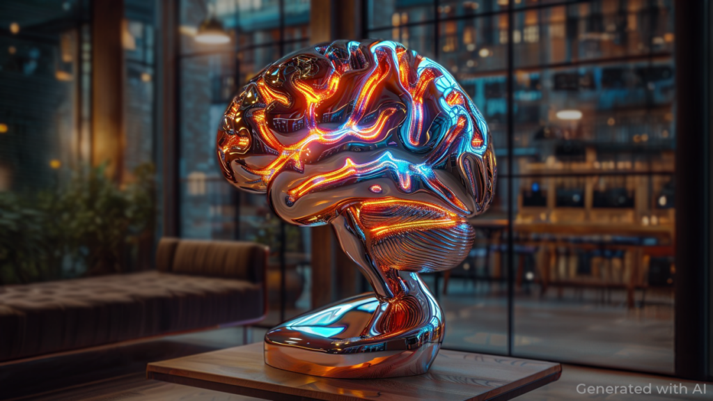 3D chrome brain statue, generated with AI