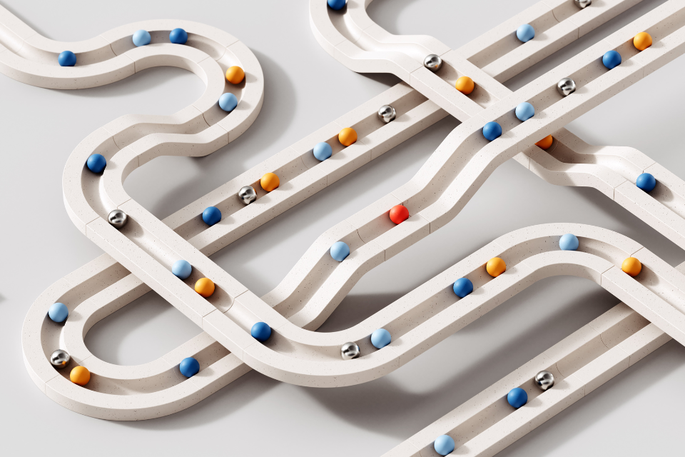 Marbles on criss-crossing tracks