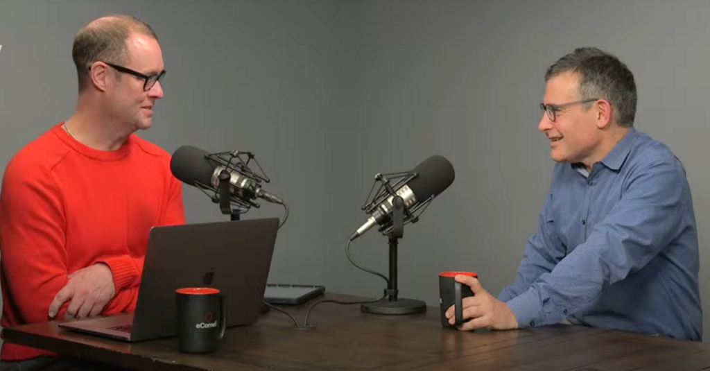 Host Chris Wofford (L) and Jonathan Rottenberg, professor of psychology, in the Cornell Keynotes studio.