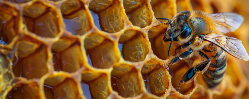 A honeybee sits on top of four rows of honey combs.