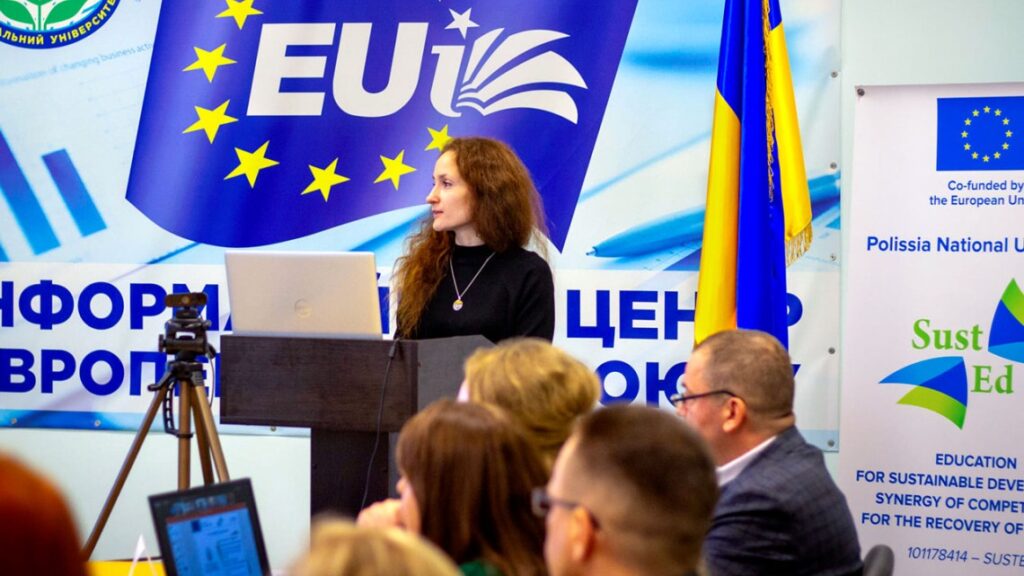 nna Semenenko presents at the opening meeting for the Erasmus+ project “Education for Sustainable Development: Synergy of Competencies for the Recovery of Ukraine” at Polissia National University in December 2024.